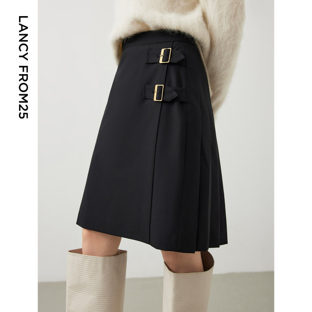 Langzi wool French design pleated retro a-line skirt women's short skirt winter new slim skirt
