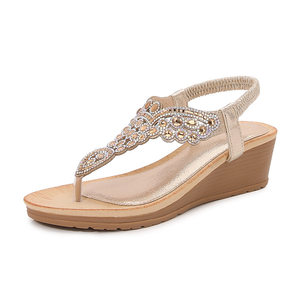 
2024 Bohemian new fashionable rhinestone sandals Korean style thick-soled wedge shoes fashion anti-slip