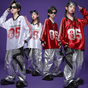 
Children's cool street dance performance trendy clothing boys handsome hip-hop silver shiny overalls leather pants hiphop drum set