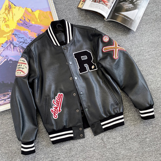 
High-end soft calf leather heavy-industry embroidered leather jacket for young men's versatile black leather jacket with cotton baseball uniform for men
