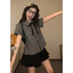 Japanese Retro Plaid Doll Collar Bow Shirt for Women 2026 Summer New Short-Sleeved Shirt Top for Petite Women