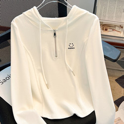 150kg Plus Size Women's Long-Sleeved Right-Shoulder Hooded Bottoming Shirt Half-Zip T-Shirt Women's Spring and Autum New Style Top