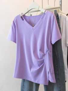 
300*0.5kg large size women's summer irregular design slit short-sleeved T-shirt V-neck shirt fat m belly-covering top