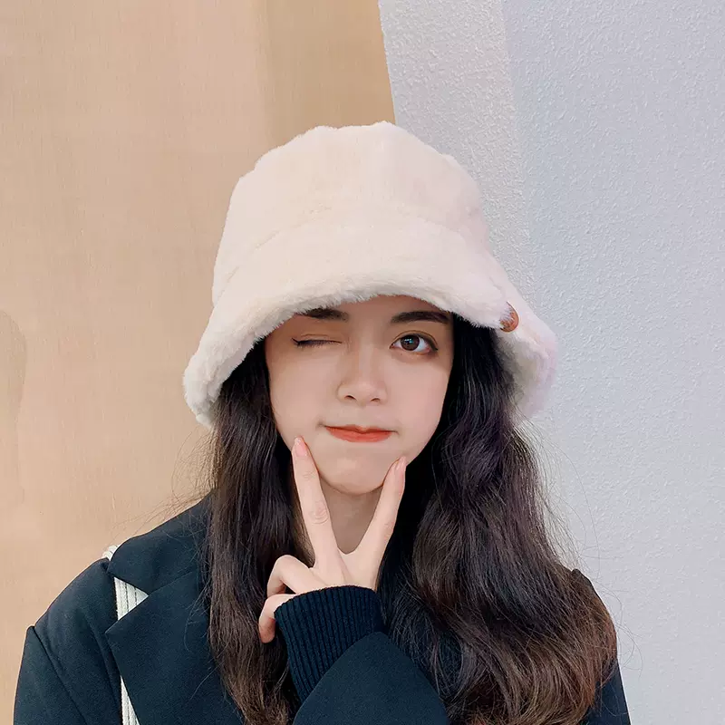 毛绒渔夫帽日系帽子女秋冬百搭适合圆脸可爱冬天加