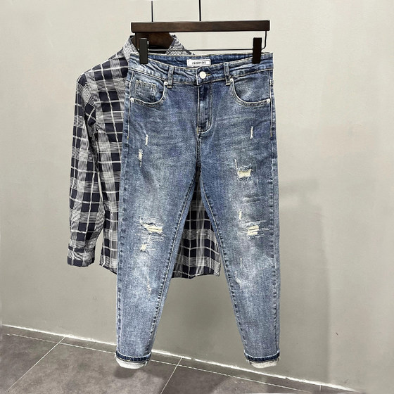 
Ripped jeans men's trendy brand 2024 summer new trendy and versatile high-end washing slim feet nine-point pants