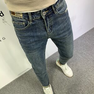 Jeans men's trendy brand summer new Korean version of the trendy slimming water washing retro small feet elastic leisure cropped pants
