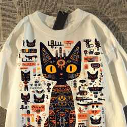 American-Style Trendy Brand Cat Letter Print Short-Sleeve T-Shirt for Men and Women, Couple Summer Vintage Retro Loose Top