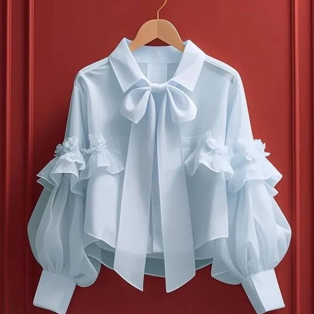 White high-end chiffon shirt 2024 new early autumn sweet niche unique temperament bow long-sleeved top
