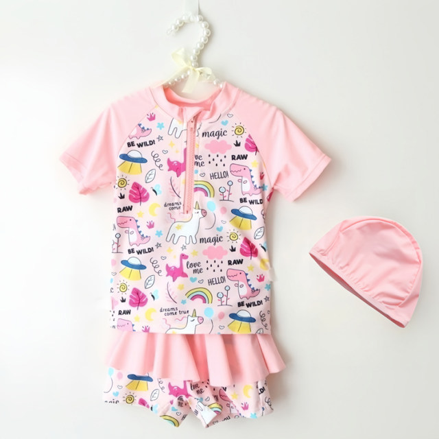 Children's swimsuit girls short-sleeved split suit flat-leg skirt pants boxer shorts girl 2025 new baby swimsuit