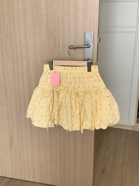 Dopamine yellow floral polka dot flower bud skirt for women in summer large size high waist A-line short skirt ruffled cake skirt
