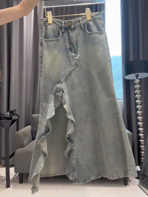 Large -size American high street irregular fishtail skirt Female summer new high waist is thin, old color A -line long skirt