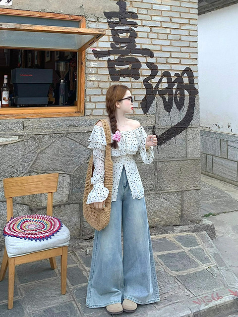Large size retro denim wide-leg pants for women in summer 2024 new high-waist loose design floor straight pants trendy