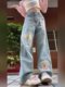 Large size design sense cartoon puppy printed jeans for women in autumn high waist slimming straight loose wide-leg pants trendy