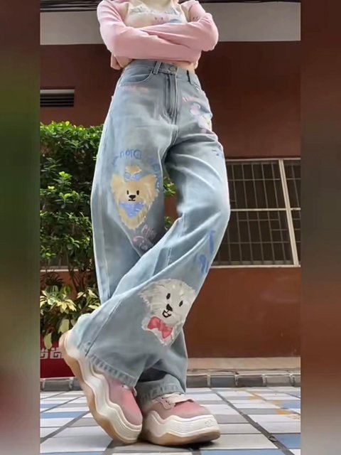 Large size design sense cartoon puppy printed jeans for women in autumn high waist slimming straight loose wide-leg pants trendy