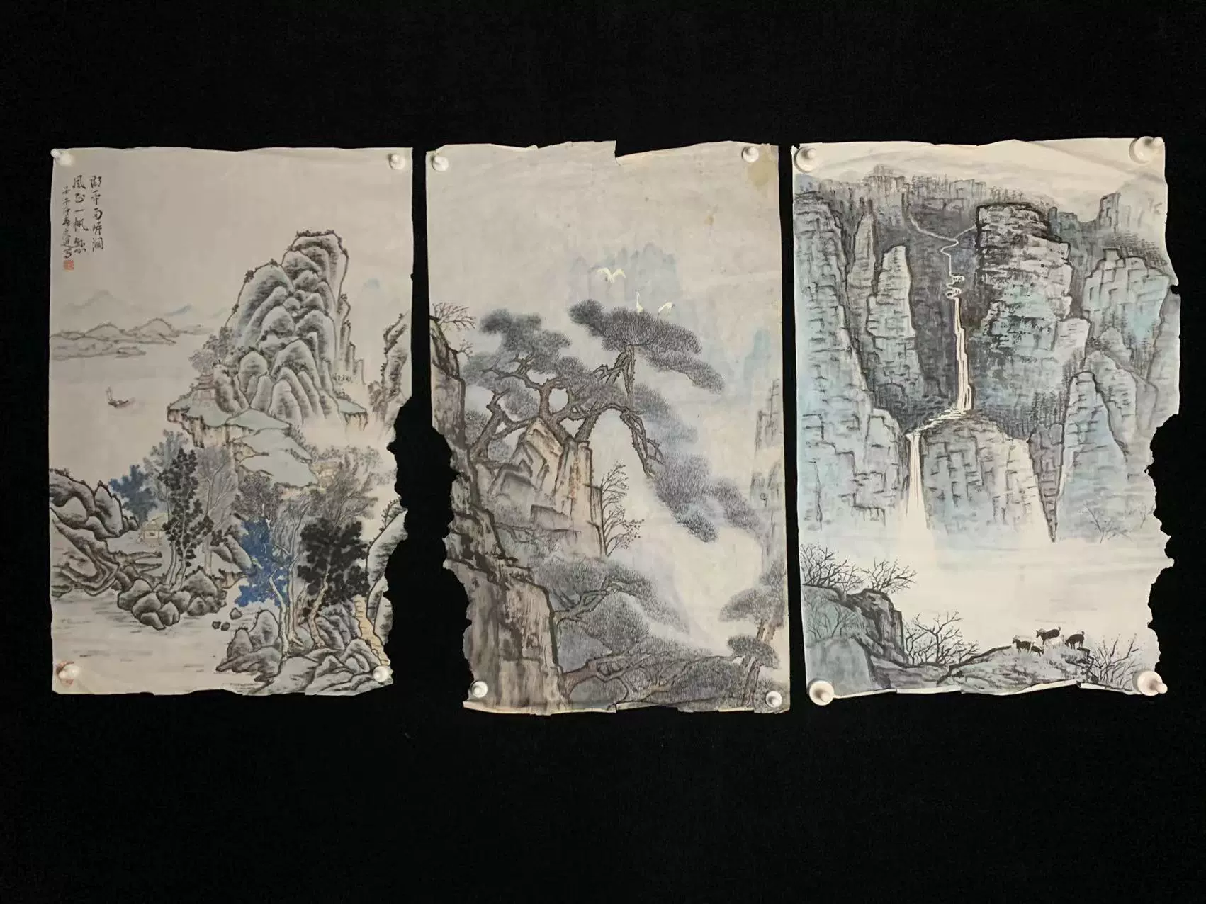 日本回流老字画纸本残品山水三枚4771中古老书画书房茶挂-Taobao