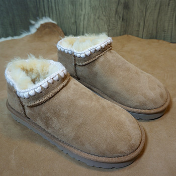 New genuine leather sheepskin all-in-one snow boots, sleeve short boots, flat heel winter warm boots 2-6