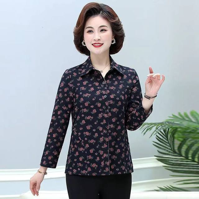 Middle-aged spring and autumn shirt women's long-sleeved fashionable floral top clothes middle-aged and elderly mothers early autumn pure cotton casual shirt