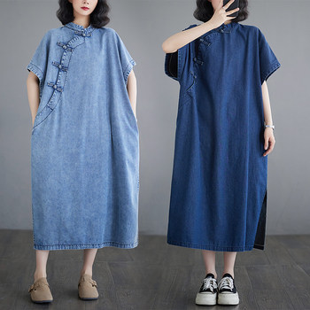 Chinese style buttoned denim dress for women in summer loose slim and improved cheongsam skirt casual slit large size skirt
