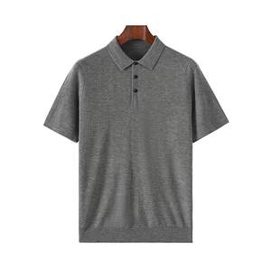 Worn-spinned 100% pure cardigan short-sleeved T-shirt for men and middle-aged men's lapel POLO shirt business solid color classic knitted sweater
