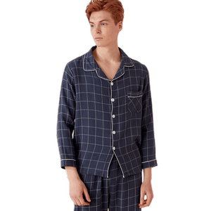 
Little nurse plaid pajamas for men and women summer thin pure cotton long-sleeved cardigan cotton gauze home clothes suit spring and autumn