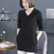 Loose bamboo joint cotton V-neck black quarter sleeve T-shirt women's mid-length pure cotton mid-sleeved top pocket T-shirt base shirt