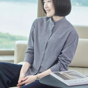 Blue striped shirt women's large size loose and fashionable all-cotton stand collar mother long-sleeved top middle-aged shirt women's style