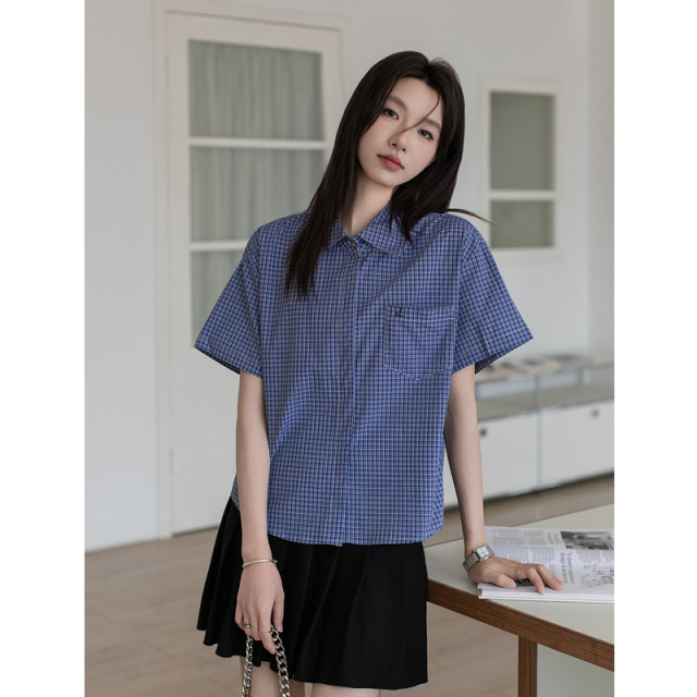 Miu blue plaid short-sleeved shirt top for women 2025 summer new loose casual temperament small shirt