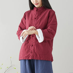 Buddhist clothes Zen clothing women's top Chinese cotton jacket plus velvet and thick plate buckle Tang dress men's short cotton clothes winter