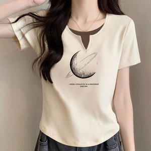 
Foreign trade export women's fashionable cotton short-sleeved T-shirt women's summer new casual fake two-piece right shoulder slim top