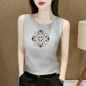 
Foreign trade original women's sleeveless cotton vest new Chinese style printed round neck with large size bottoming shirt slimming top
