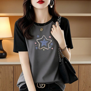 
Foreign trade original Korean version contrasting color pure cotton short-sleeved T-shirt women's large size loose inner T-shirt age-reducing printed top