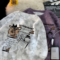 American-Style Printed Tie-Dye Long-Sleeve T-Shirt for Men, Autumn Trend ins Cat Design, Loose Casual Crew Neck High Street Top Jacket