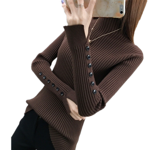 2025 autumn and winter new half turtleneck thickened slim base sweater buttons slit sleeve top knit sweater women
