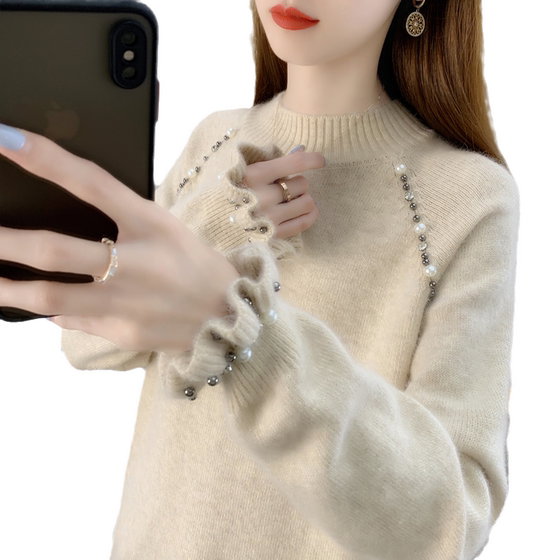 2026 new autumn and winter half turtleneck ruffled sleeves sweater sweater beaded inner style fashionable top for women