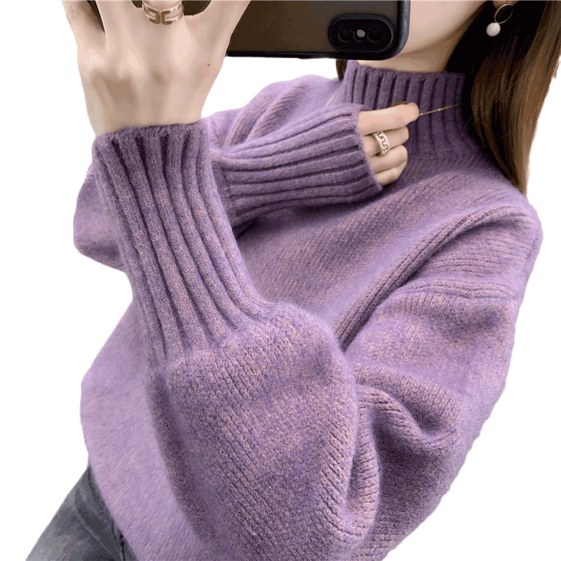 2025 autumn and winter new thickened base sweater loose casual and fashionable Korean version solid color half turtleneck sweater for women