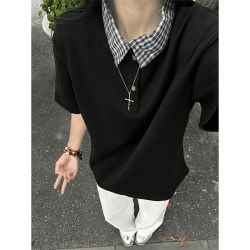 American-Style Fake Two-Piece Regular Shoulder Polo Shirt for Men, Summer Design with a Plaid Shirt Collar and Short-Sleeve T-Shirt