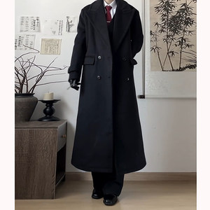 Black front shoulder wool coat for men and women in autumn and winter plus cotton thickened long British style over-knee windbreaker wool coat