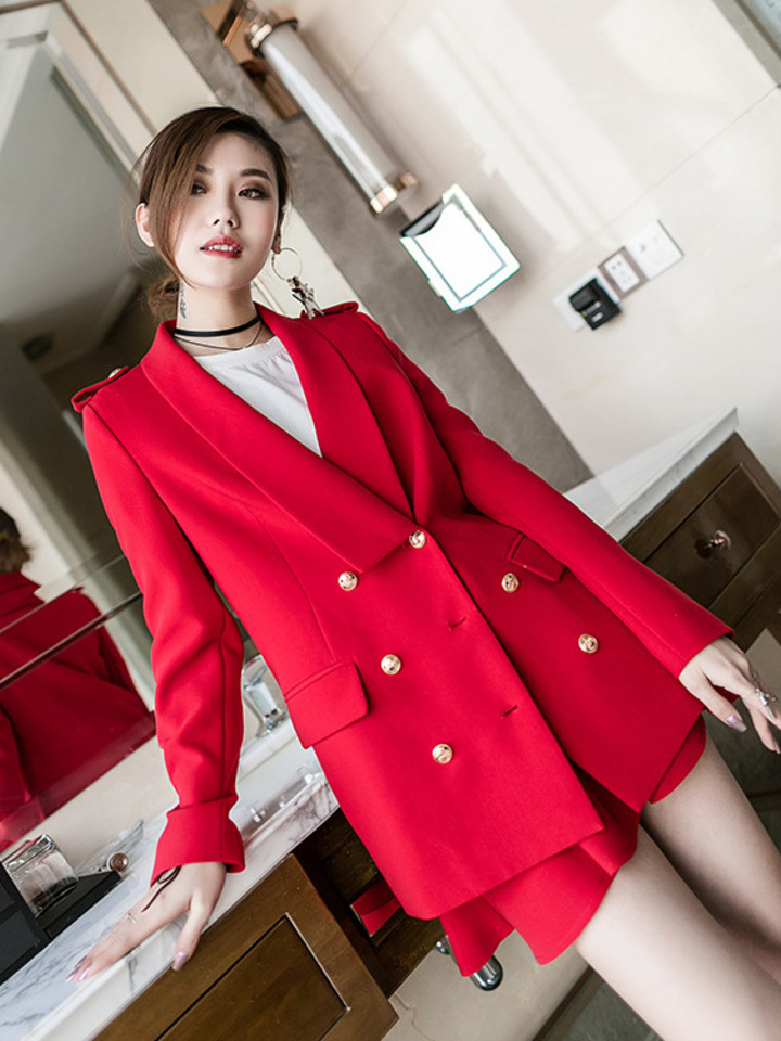 OL西装套装外套韩版红色西服短裙两件套