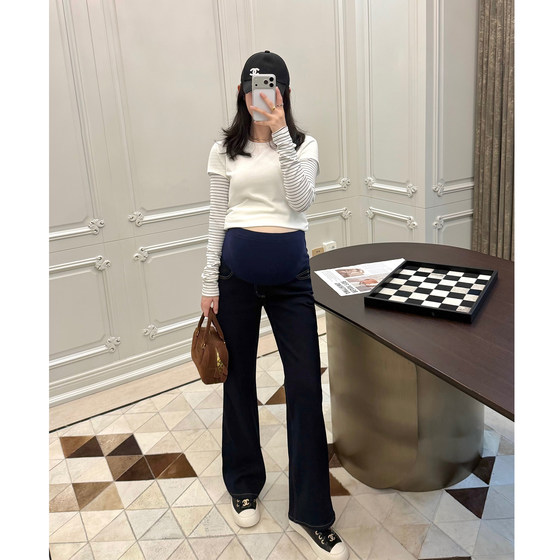 
LeoMami maternity pants autumn and winter velvet thickened slightly flared jeans elastic glutinous rice belly-supporting casual trousers