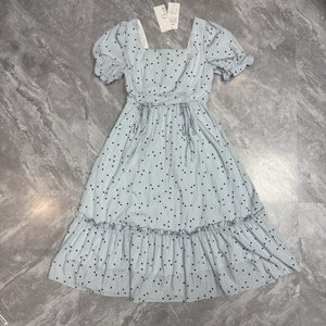 
5.23 XCZ Light Blue Square Neck Puff Sleeve Dress Women’s Summer Waist Slimming Long Dress