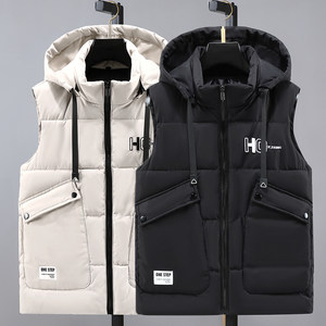 
Men's down cotton vest autumn and winter large pockets with live hat cotton vest warm and stylish and thick cotton vest