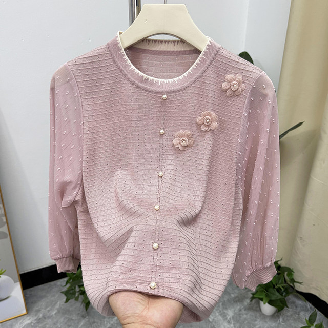 Middle-aged mother autumn fashion knitted top round neck three-quarter sleeve T-shirt young middle-aged and elderly women wearing small shirts