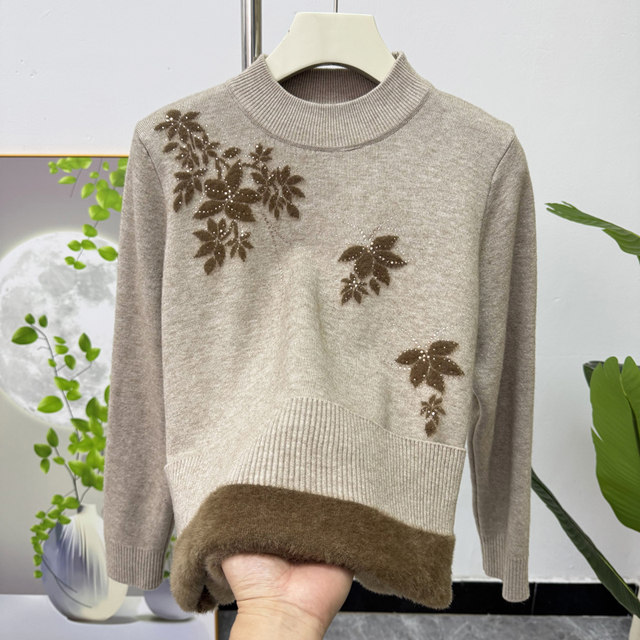 Plush mom winter clothing, fashionable half turtleneck bottoming shirt, thickened top, western style warm sweater for middle-aged and elderly women