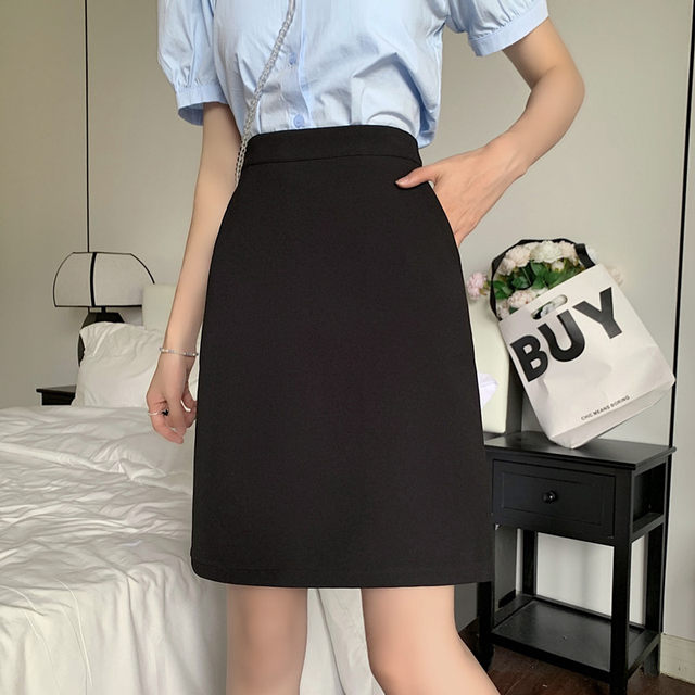 Black skirt women's professional skirt A-line skirt with pocket suit hip skirt mid skirt fat mm work anti-exposure skirt