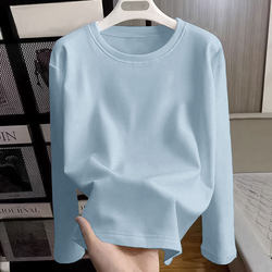 Round Neck Pure Cotton Solid Color Long-Sleeve T-Shirt for Women, Loose Fit, Regular Shoulder, Basic Inner Layer, Gray-Blue Base Shirt, Spring and Autumn Top