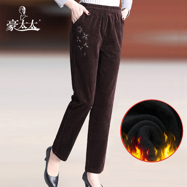 Cotton corduroy middle-aged and elderly women's pants 2025 autumn mother velvet pants large size elderly grandma pants wear outside