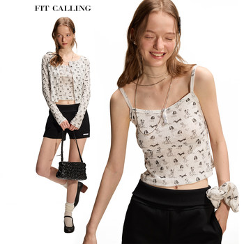 fit calling original design printed dog club series suspender vest + cardigan suit for women
