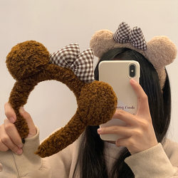 Sweet Bow-Knot Cute Bear Ears Plush Headband for Women, Winter Face Washing and Makeup Hairband, Brown Headband, Trendy