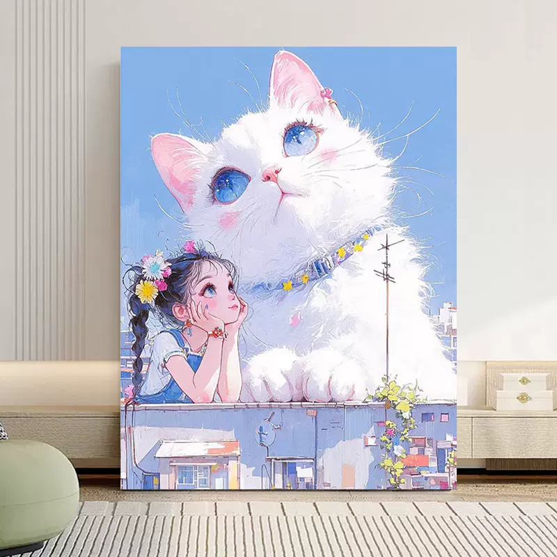 女孩和猫diy数字油画卡通可爱治愈解压填色画丙烯油彩画