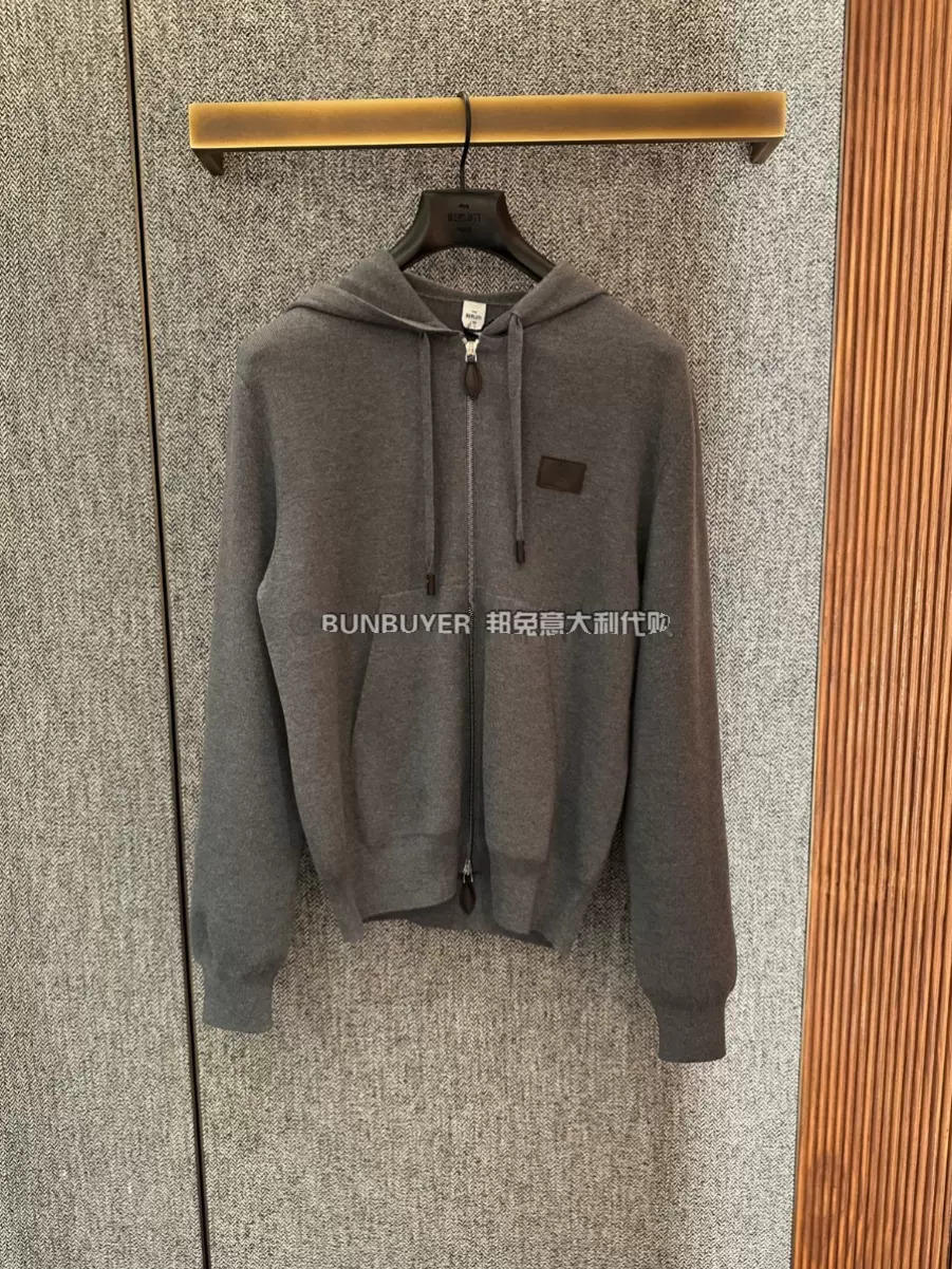bun兔意大利代购 berluti 23秋冬皮革标签拉链连帽羊毛卫衣开衫男